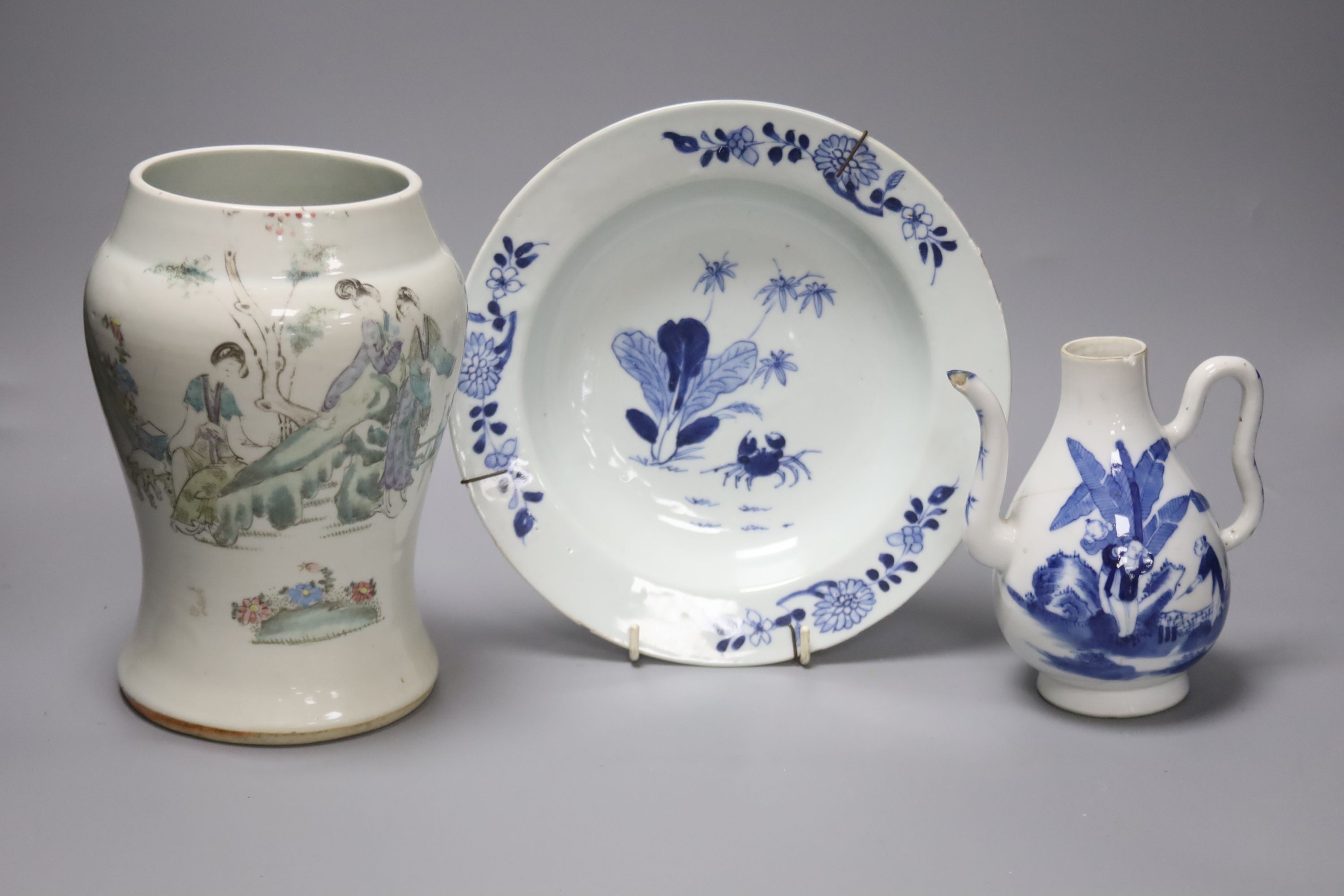 A 19th century Chinese blue and white bowl, together with a blue and white jug and a famille verte vase, largest 21cm